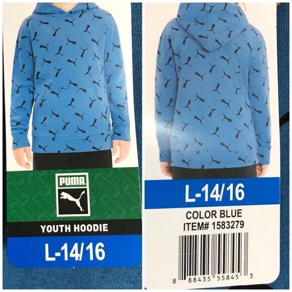 PUMA 🎉HPX4 🎉Youth S L (14-16) French Terry All-Over-Logo Hoodie/Blue/Unisex/NWT - Picture 6 of 15
